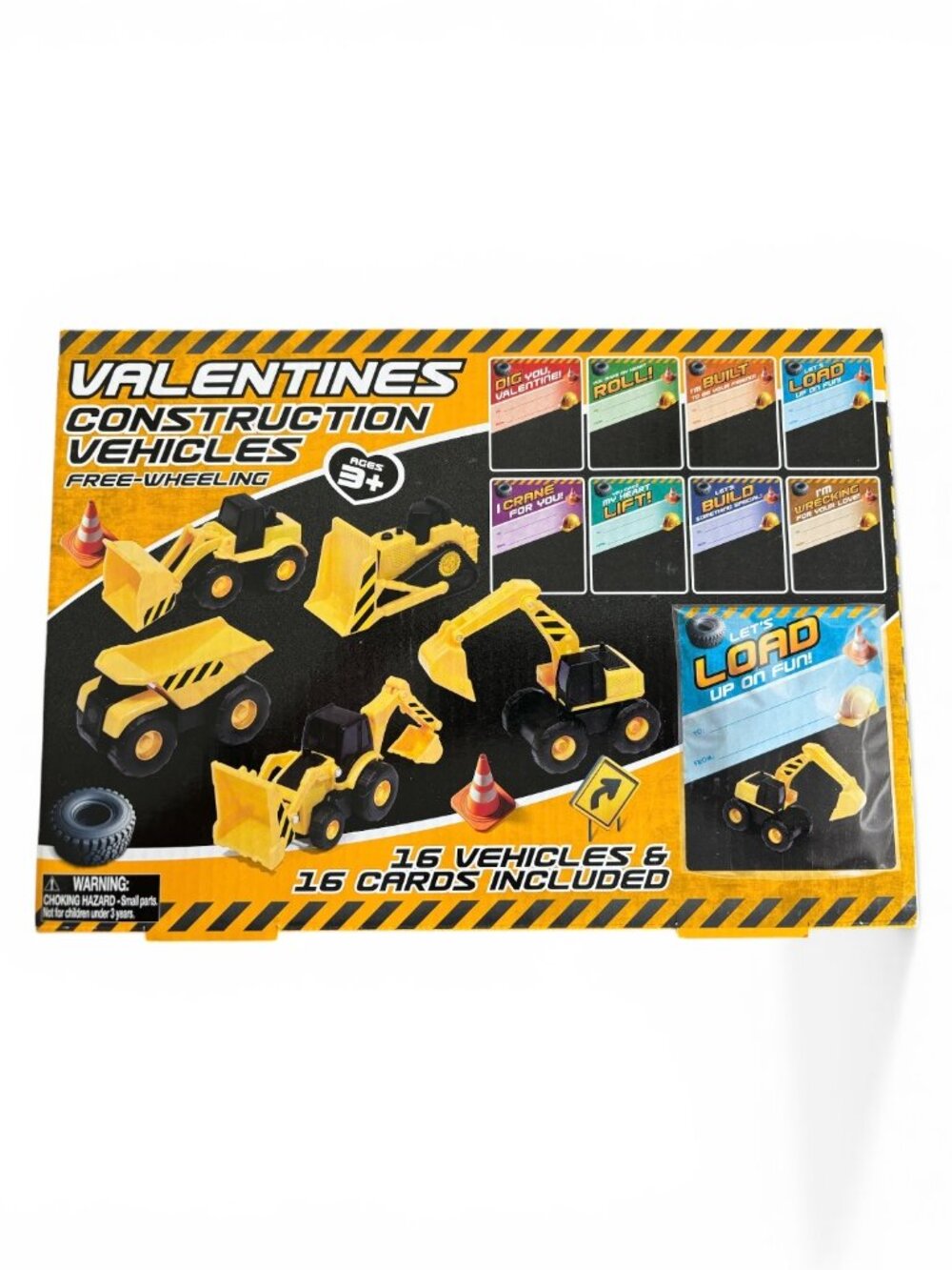 Valentine Construction Mini Vehicles with Cards & Treats Bags (16 Pack)